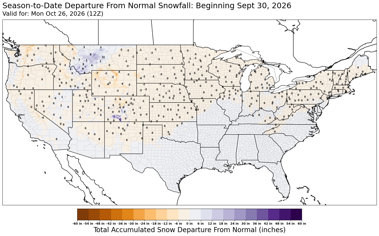 Snowfall departure from normal, season to date