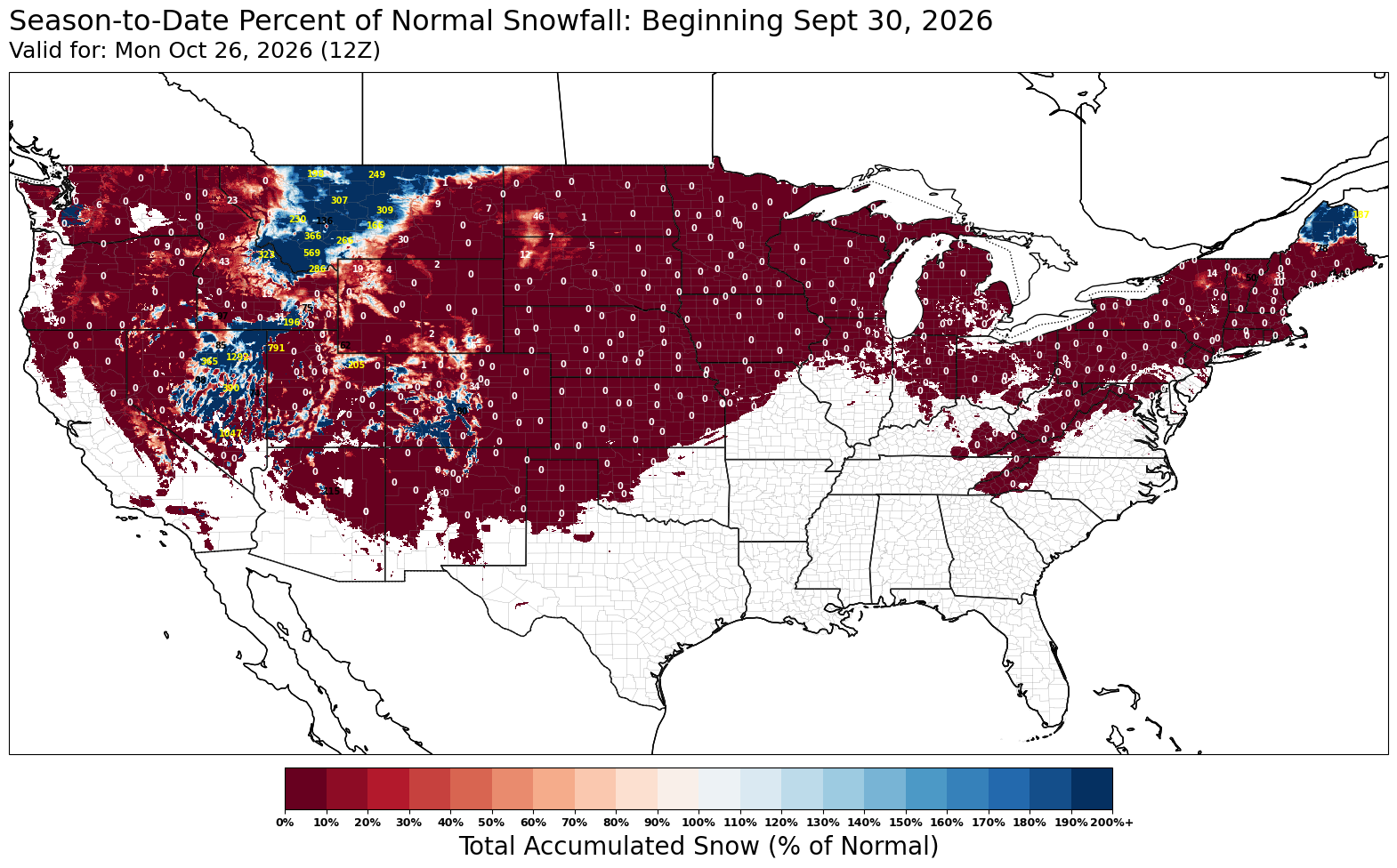 Snowfall percent of normal, season to date