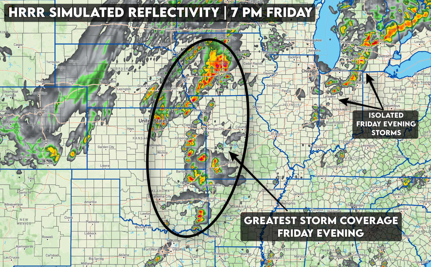 Simulated Reflectivity from the HRRR at 7 PM CST Friday