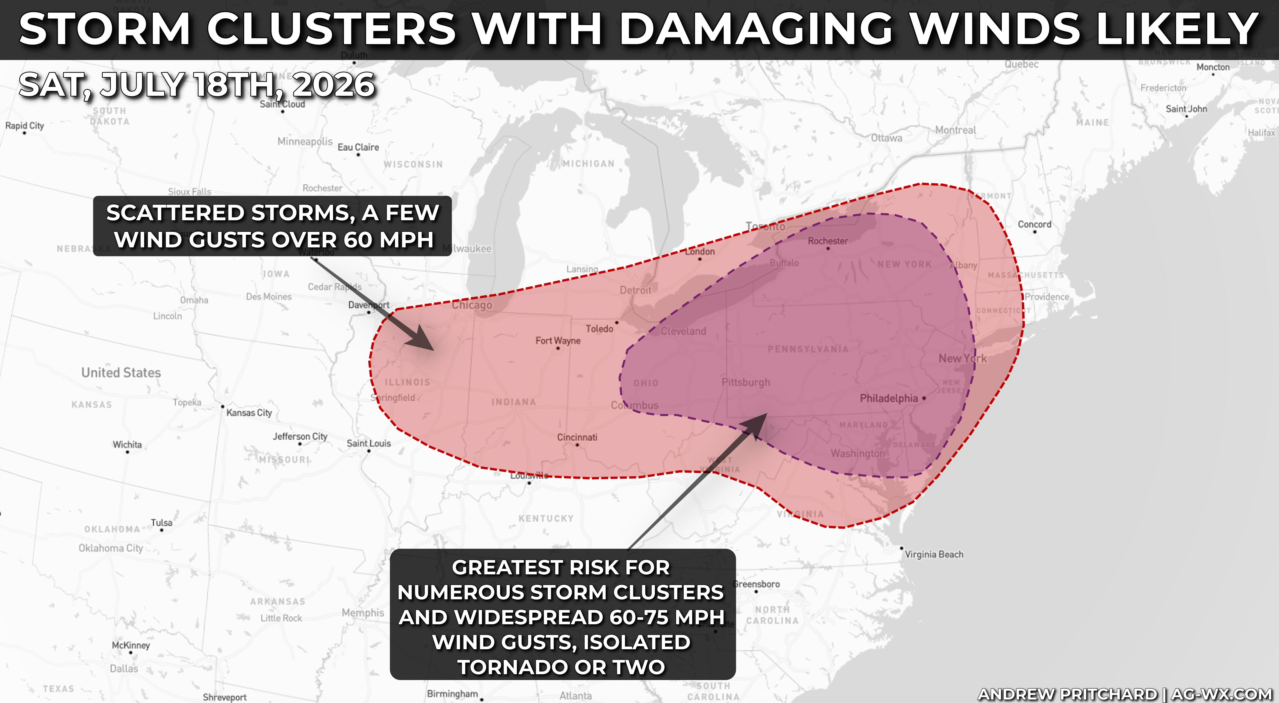 Storm Clusters, Widespread Wind Gusts 60-75 in Great Lakes, Northeast, Mid-Atlantic, Eastern Cornbelt | July 18th, 2026
