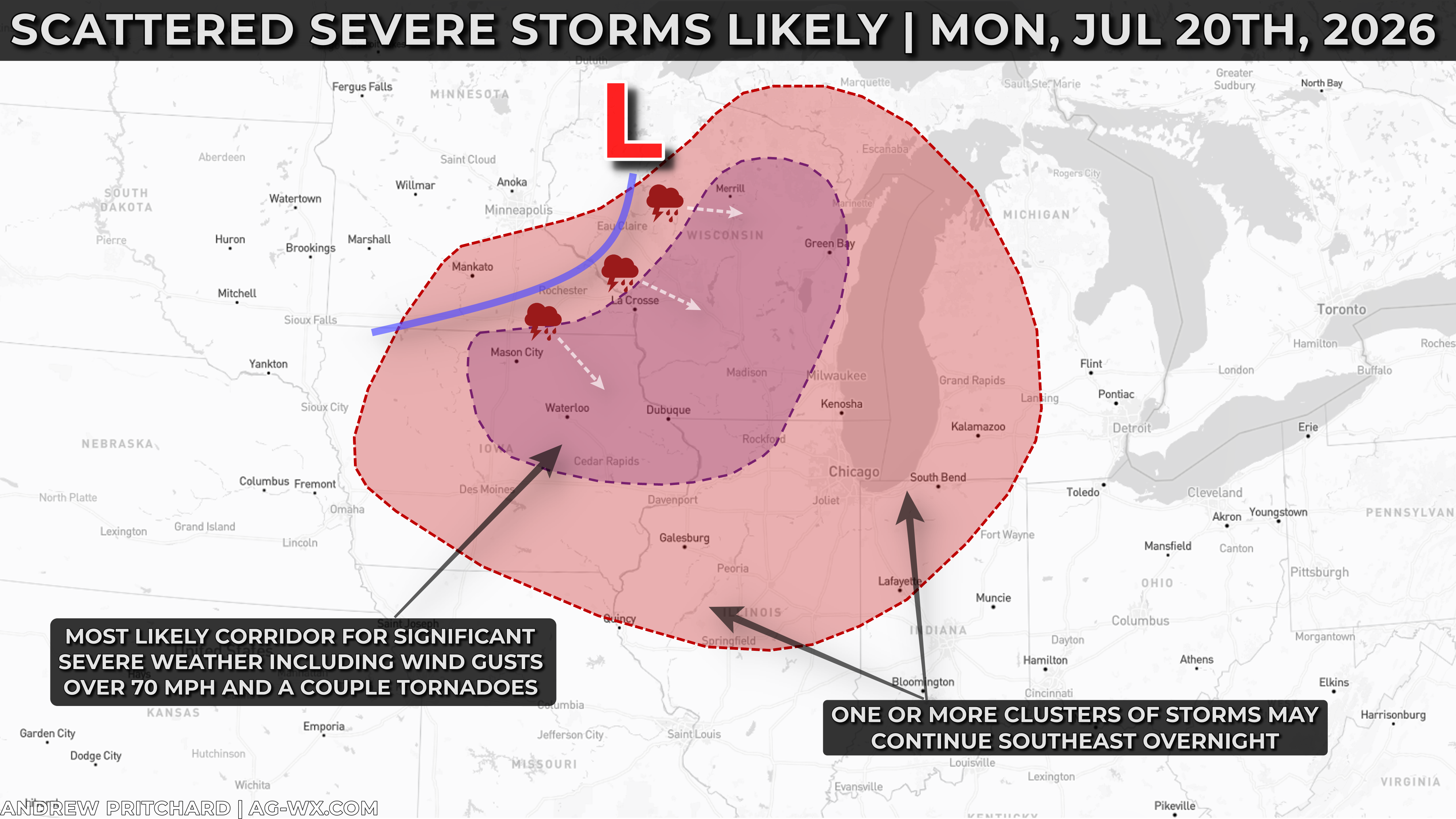 Damaging Winds, Tornadoes Possible in the Upper Midwest | Mon, July 20th, 2026